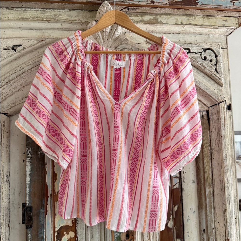 Velvet by Graham Spencer Pink and Orange Striped Peasant Top